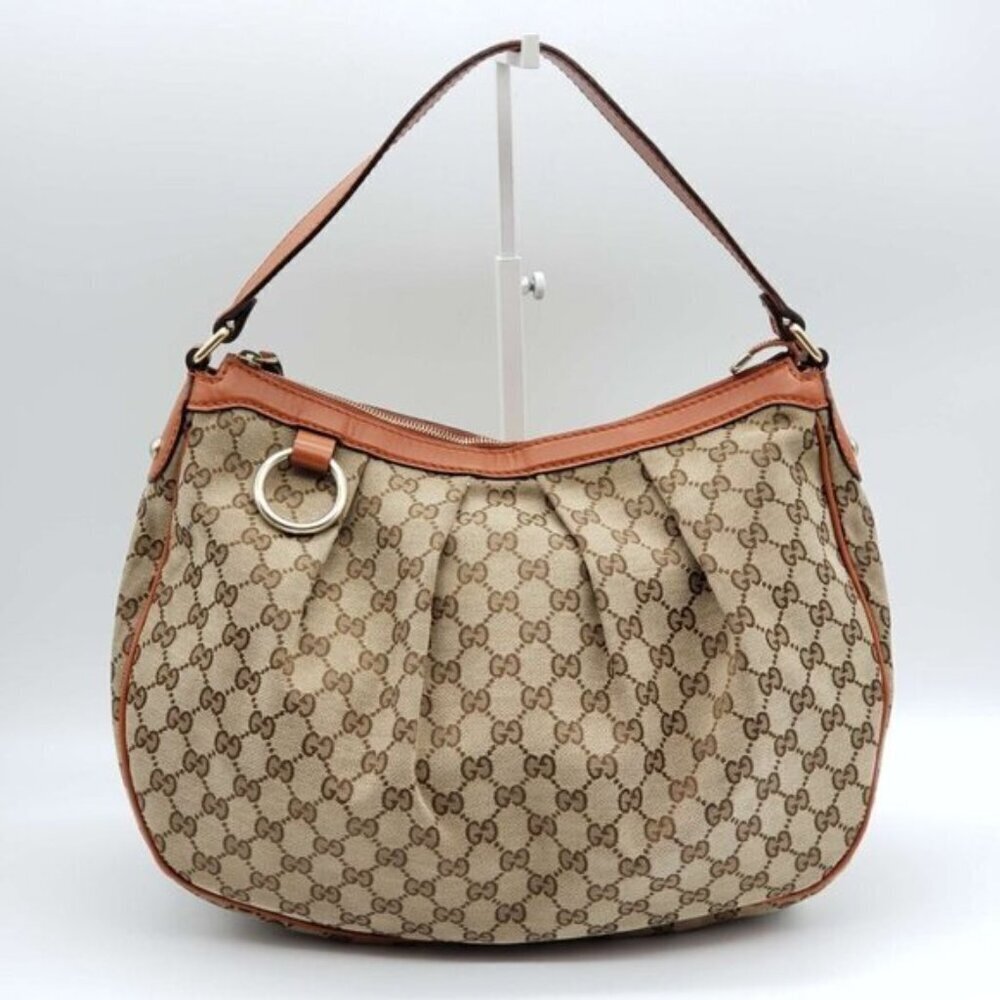Authentic Gucci GG Canvas Sukey Hobo Bag Monogram Leather Trim Shoulder Bag - Picture 2 of 16